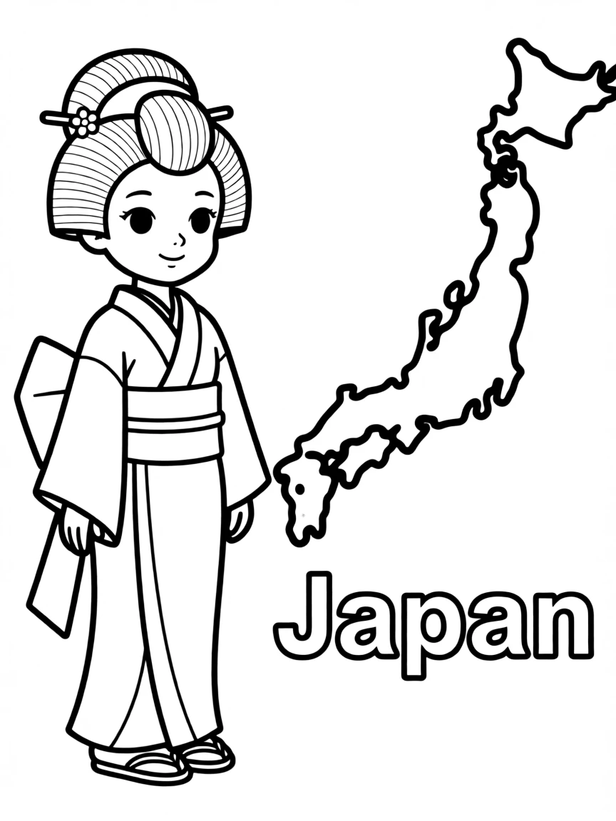 A little geisha, a simple outline map of Japan, and the word "Japan"