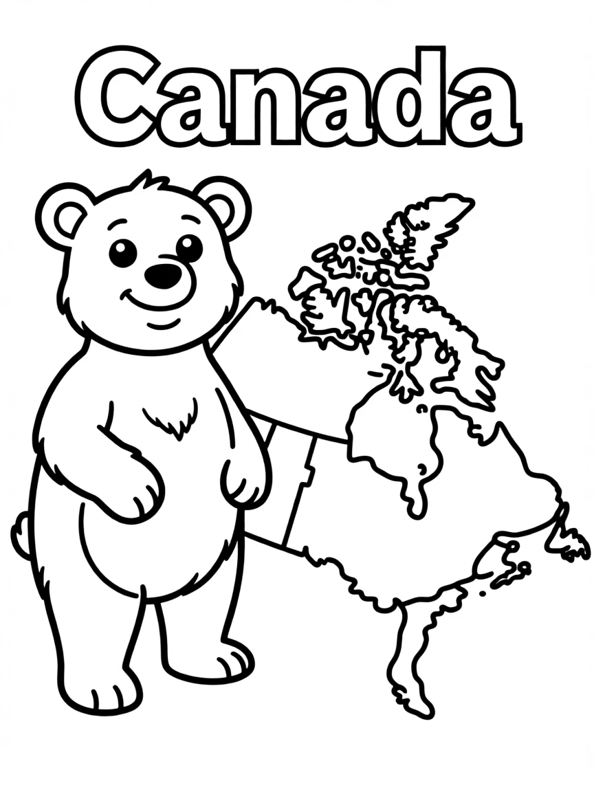 A friendly polar bear, a simple outline map of Canada, and the word "Canada"