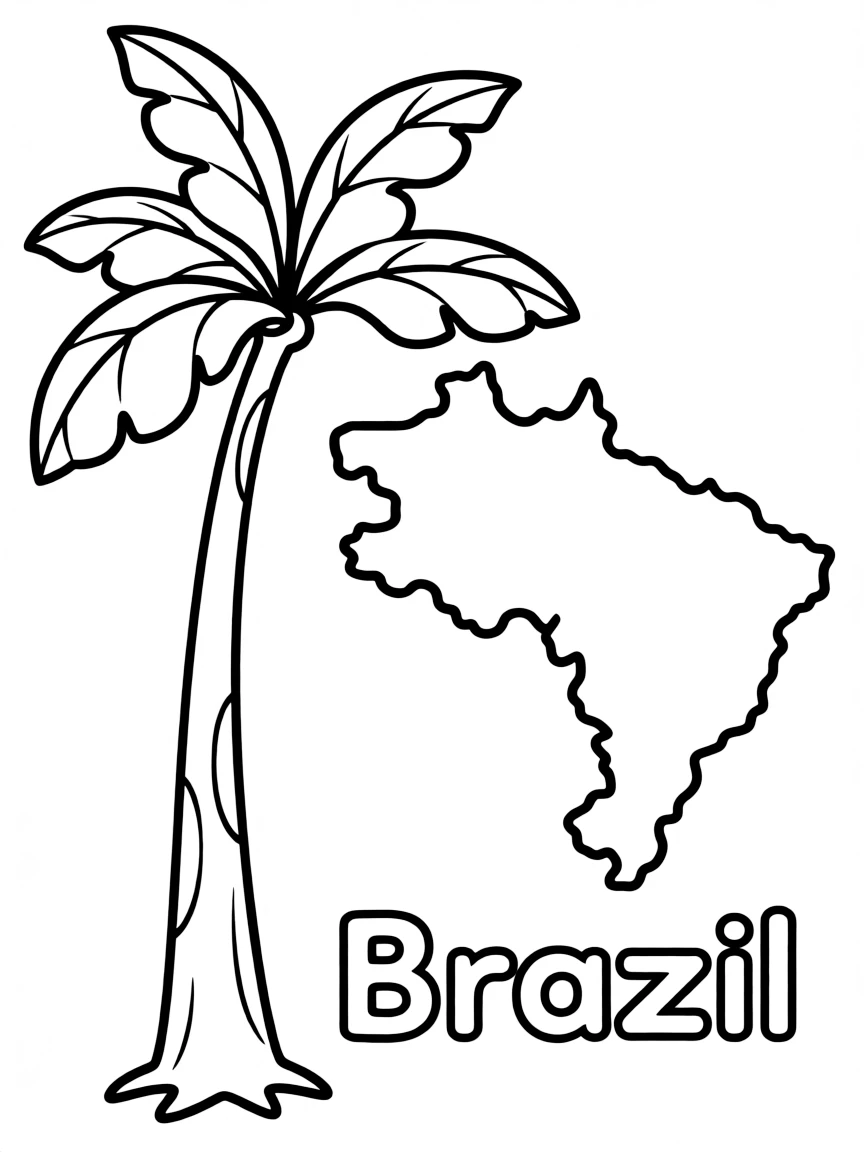 A little rainforest tree, a simple outline map of Brazil, and the word "Brazil"