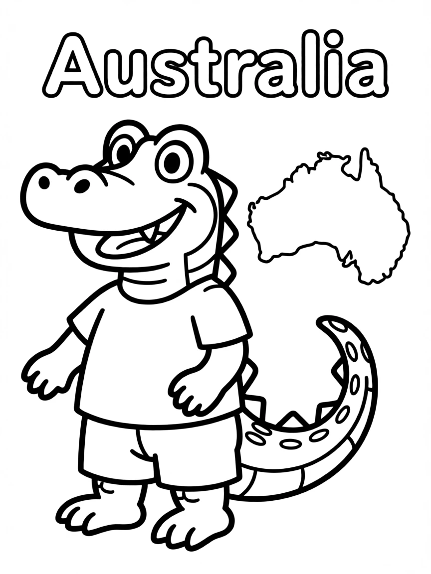 A happy crocodile, a simple outline map of Australia, and the word "Australia"
