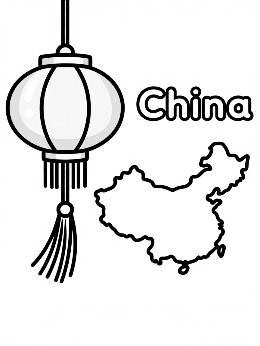 A cute lantern, a simple outline map of China, and the word "China"