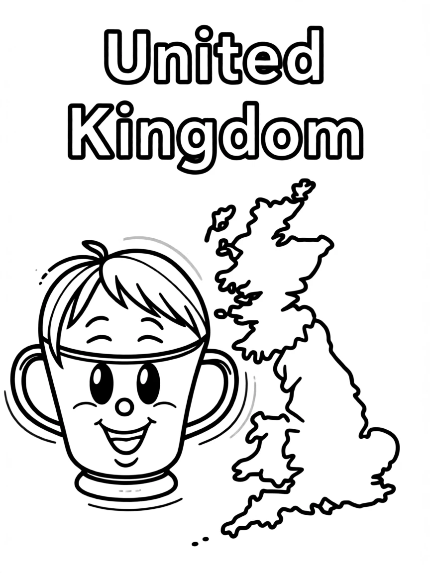 A friendly teacup, a simple outline map of United Kingdom, and the word "United Kingdom"