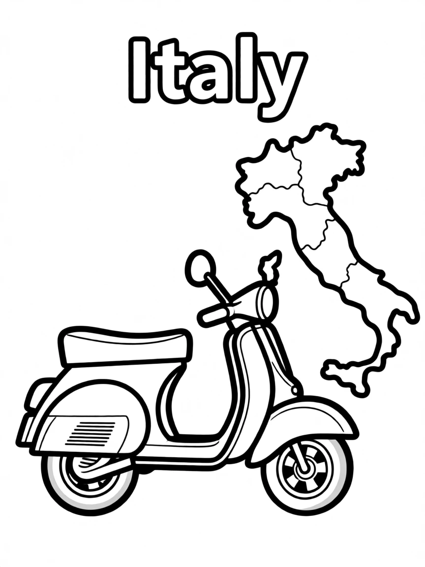 A small Vespa, a simple outline map of Italy, and the word "Italy"