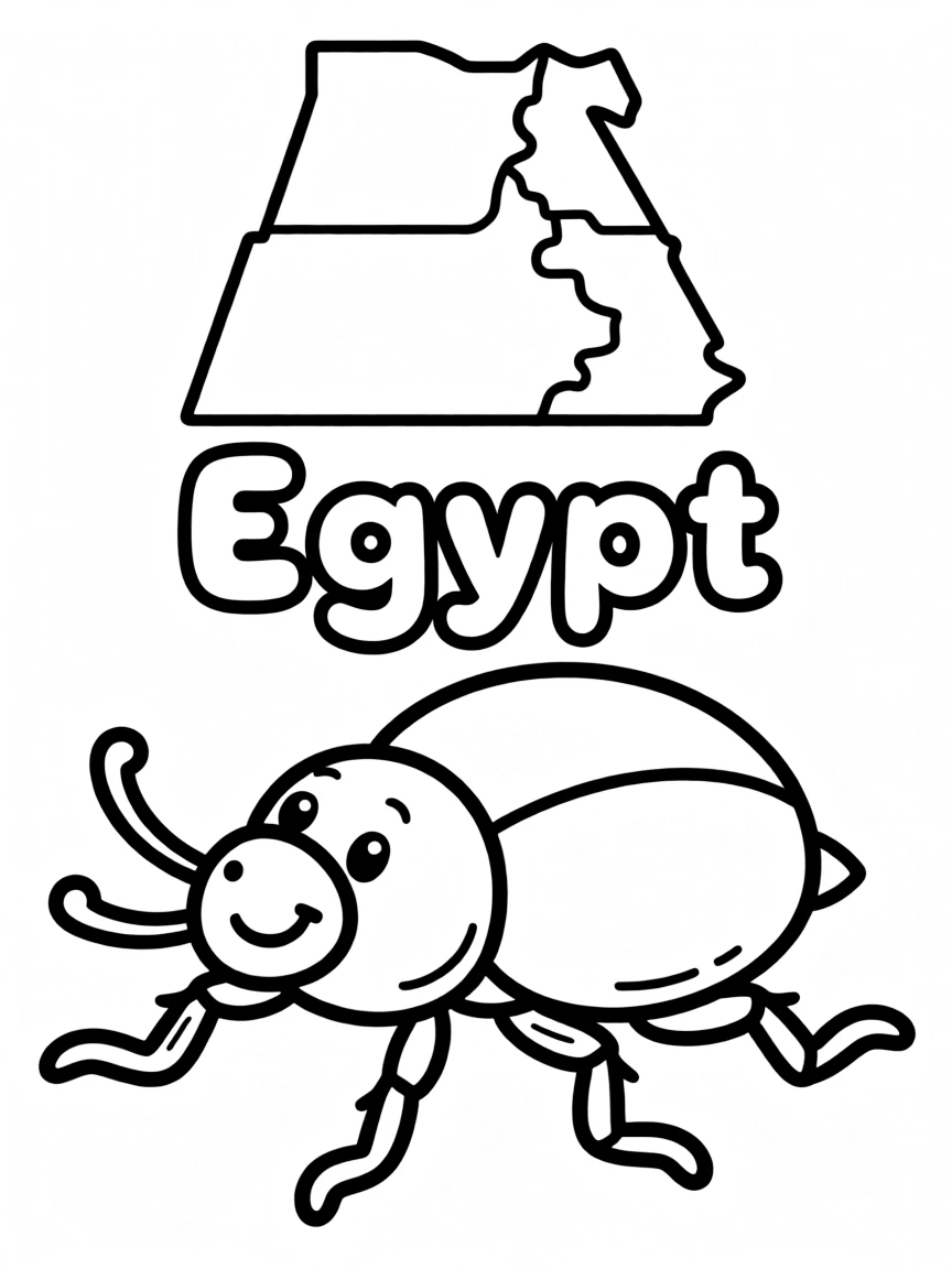 A cute scarab beetle, a simple outline map of Egypt, and the word "Egypt"