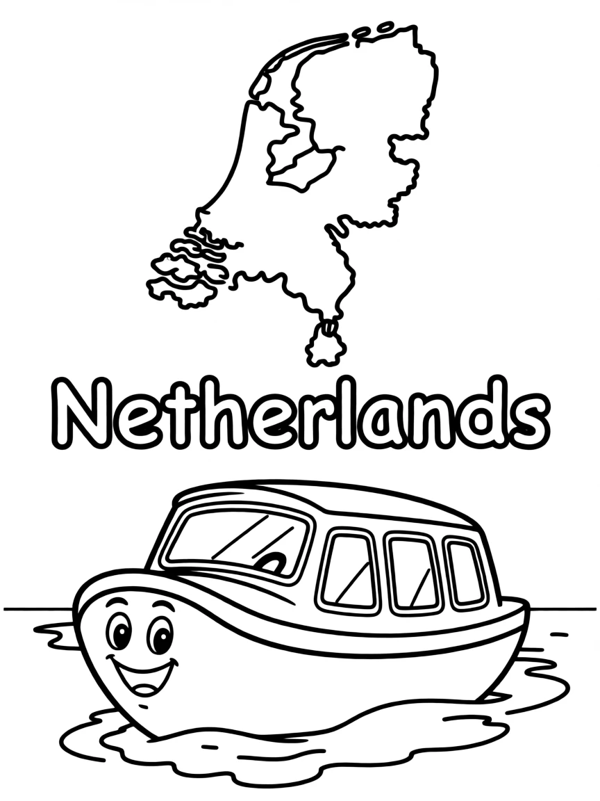 A happy canal boat, a simple outline map of Netherlands, and the word "Netherlands"