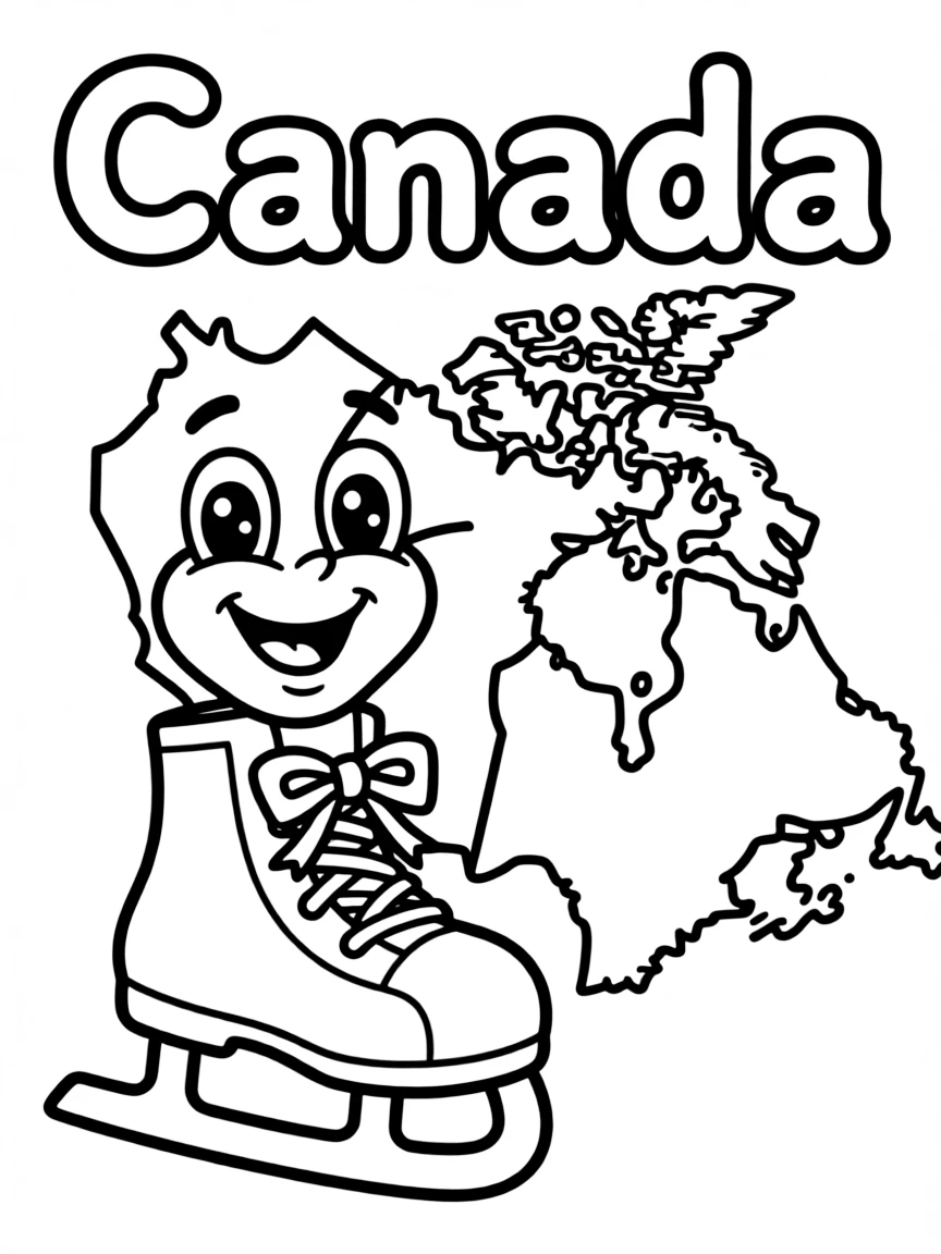 A friendly ice skate, a simple outline map of Canada, and the word "Canada"