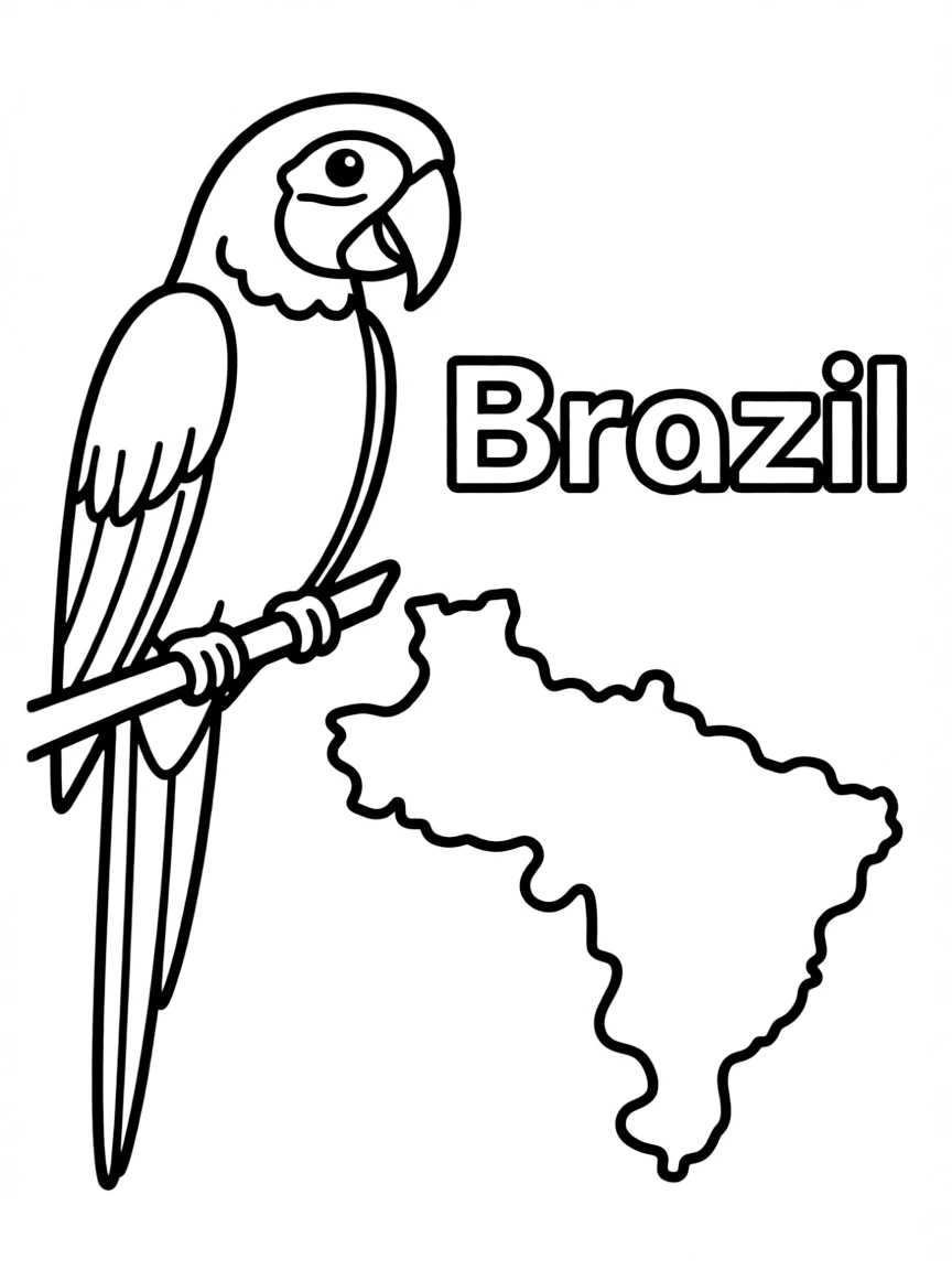 A little macaw, a simple outline map of Brazil, and the word "Brazil"