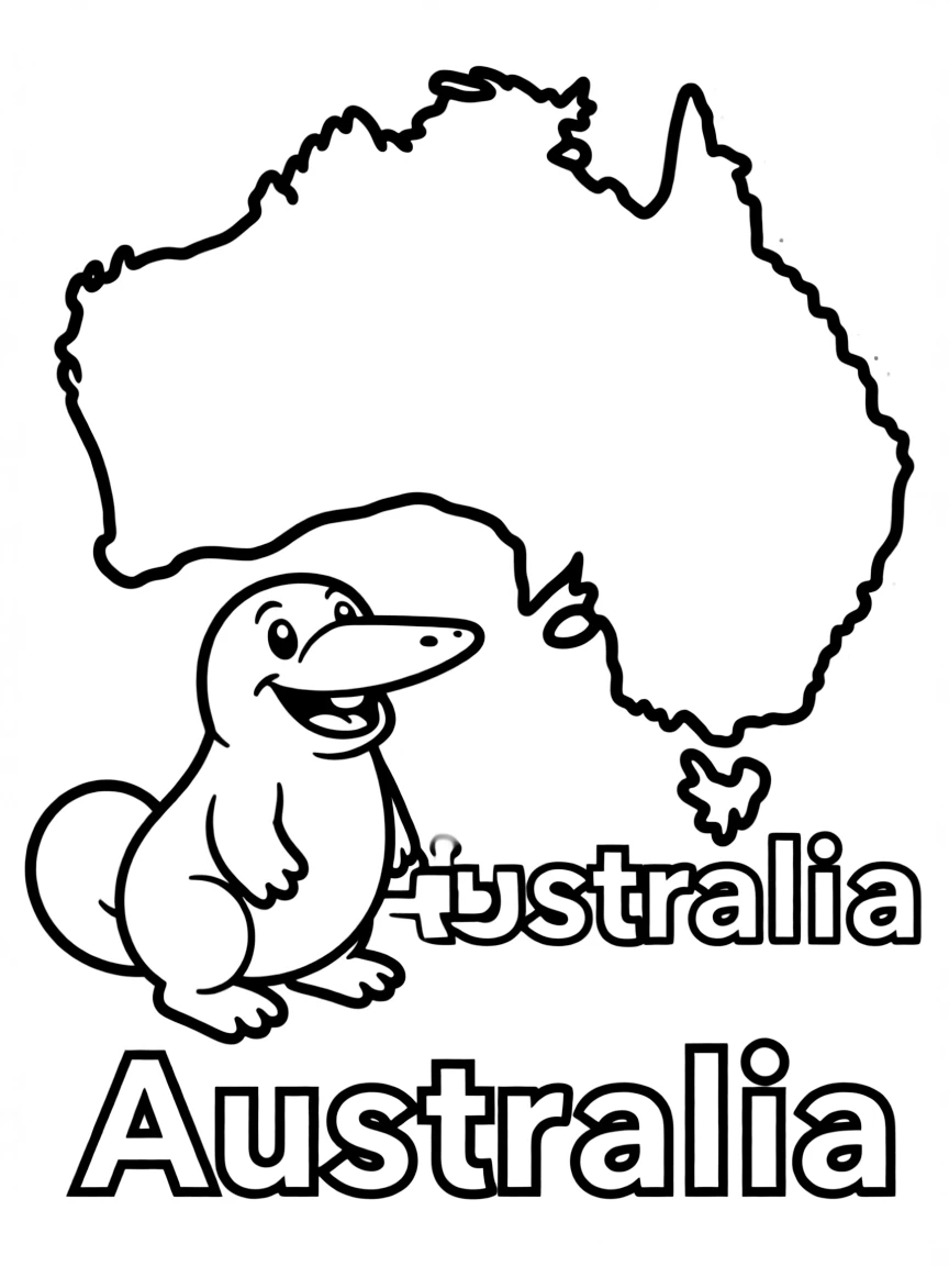 A happy platypus, a simple outline map of Australia, and the word "Australia"