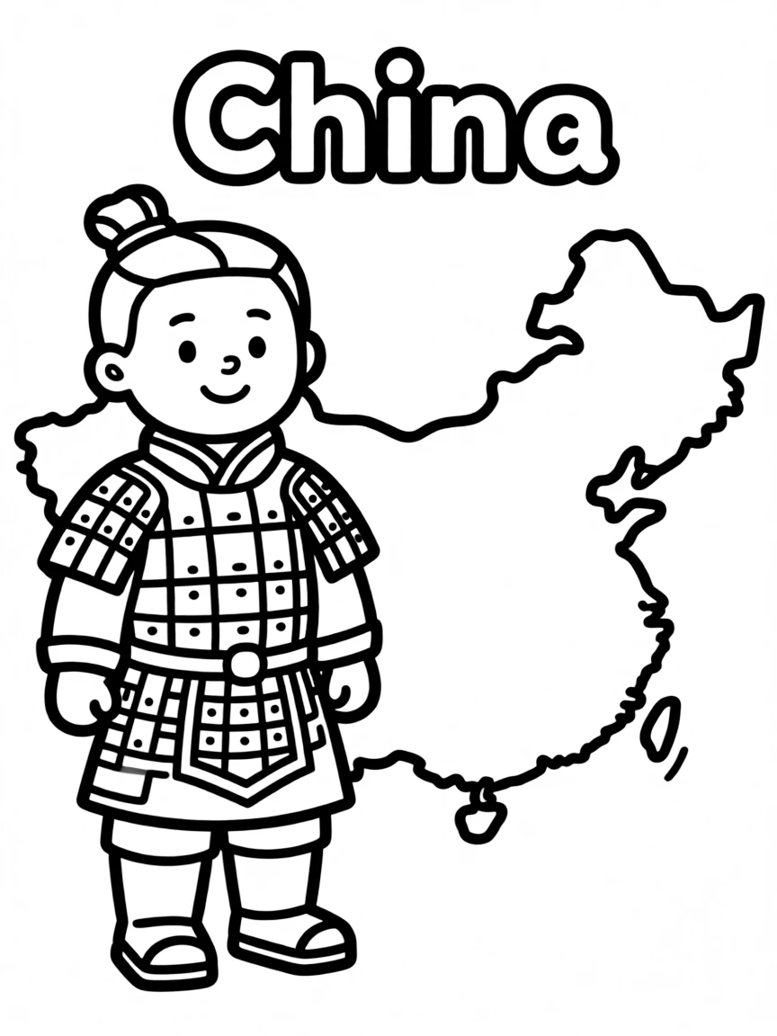 A cute terracotta warrior, a simple outline map of China, and the word "China"