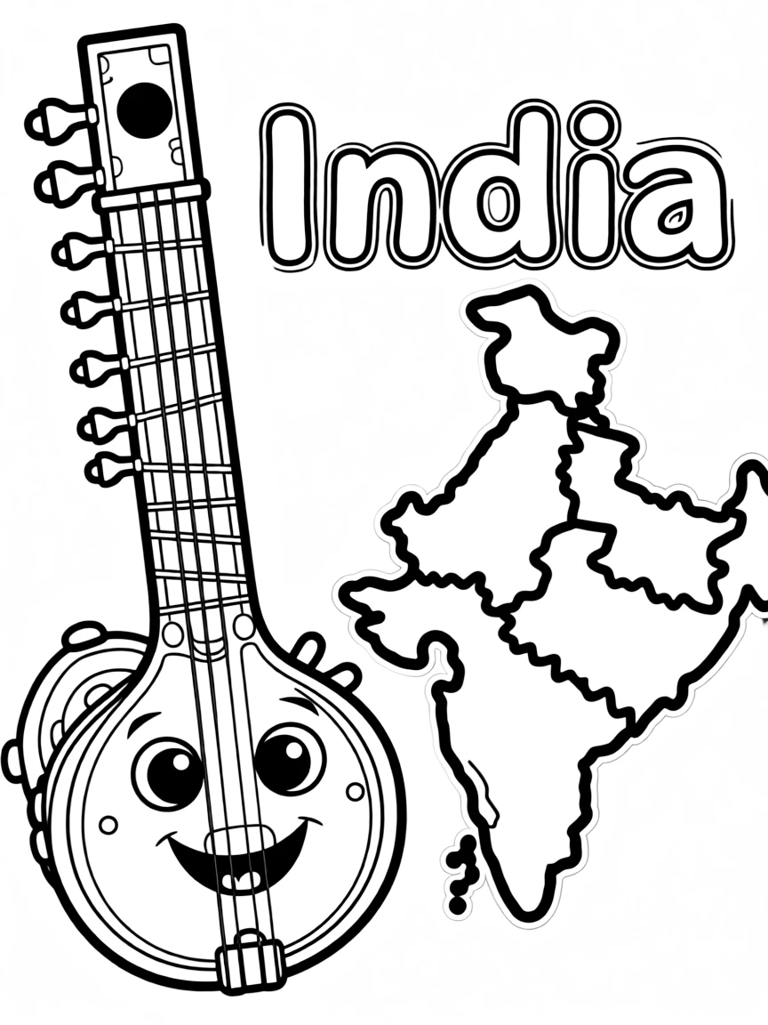 A friendly sitar, a simple outline map of India, and the word "India"