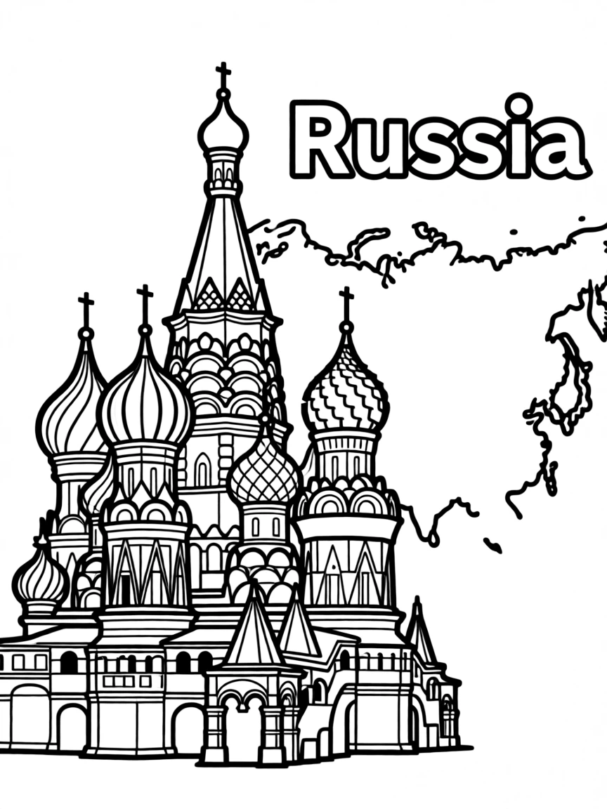 A small St. Basil's Cathedral, a simple outline map of Russia, and the word "Russia"