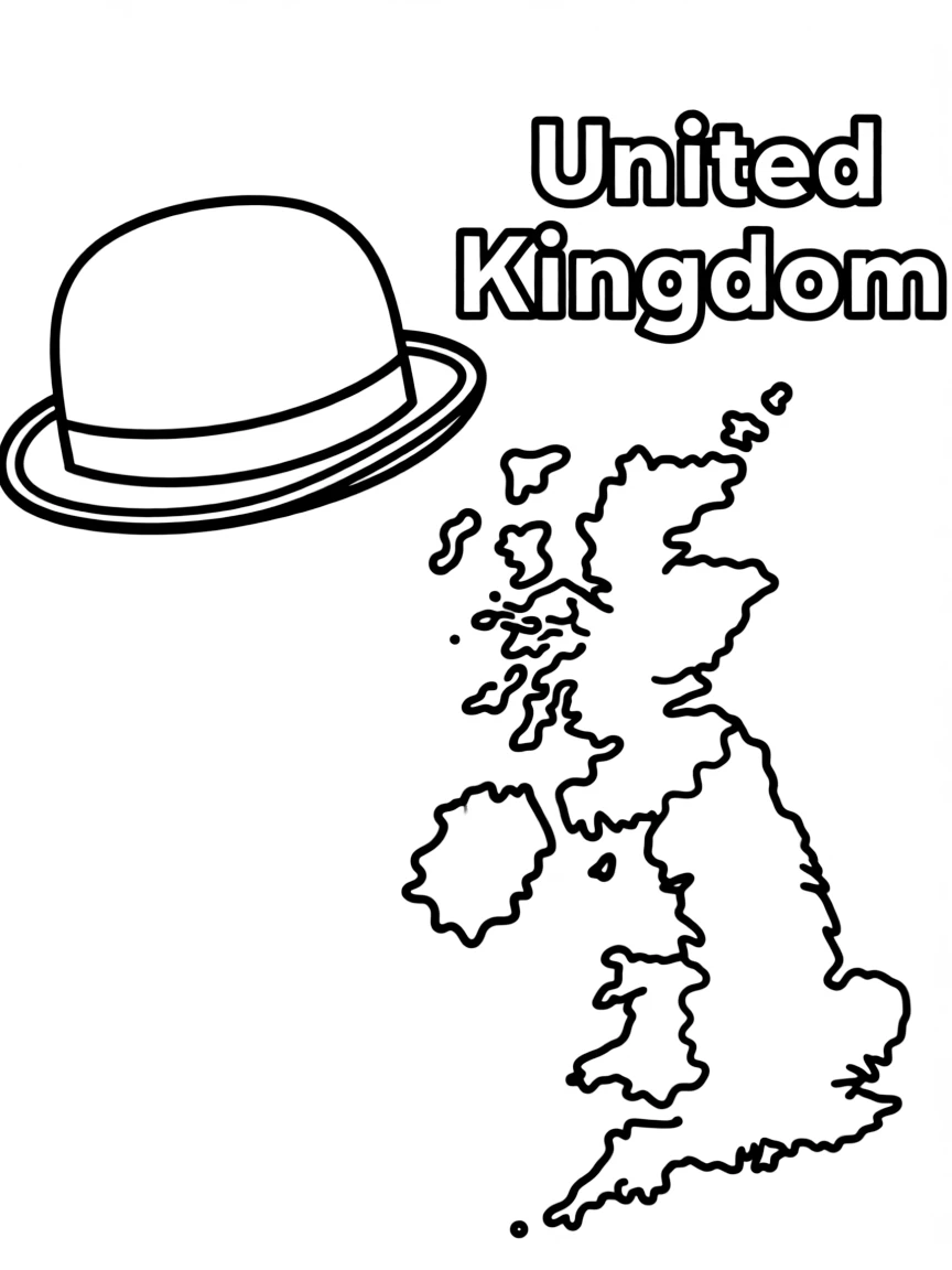 A friendly bowler hat, a simple outline map of United Kingdom, and the word "United Kingdom"