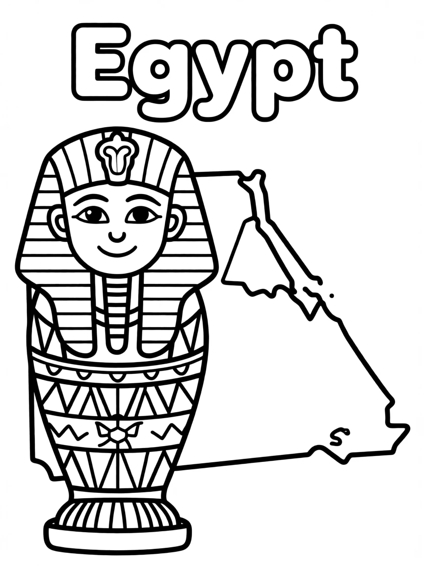 A cute sarcophagus, a simple outline map of Egypt, and the word "Egypt"