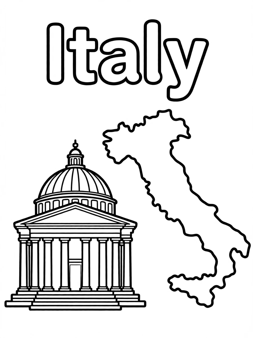 A small Pantheon, a simple outline map of Italy, and the word "Italy"