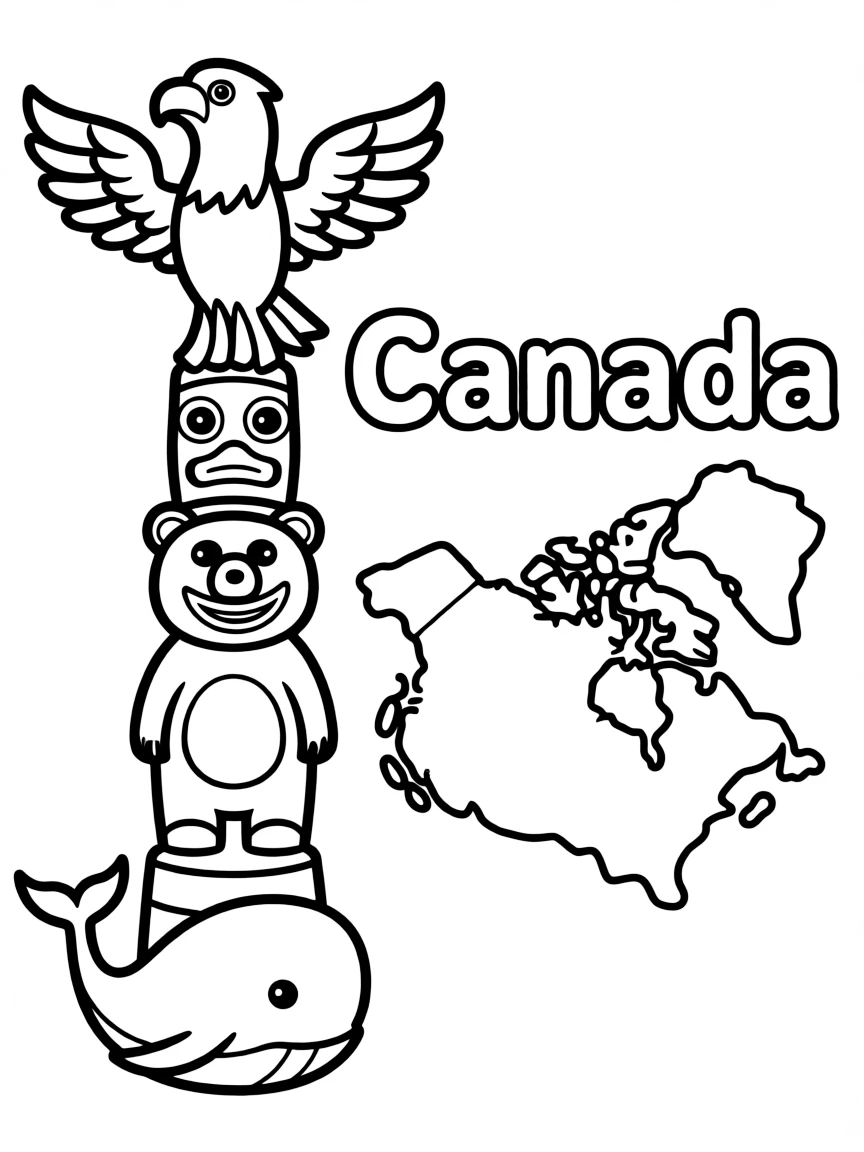 A friendly totem pole, a simple outline map of Canada, and the word "Canada"