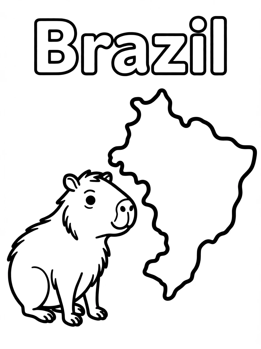 A little capybara, a simple outline map of Brazil, and the word "Brazil"