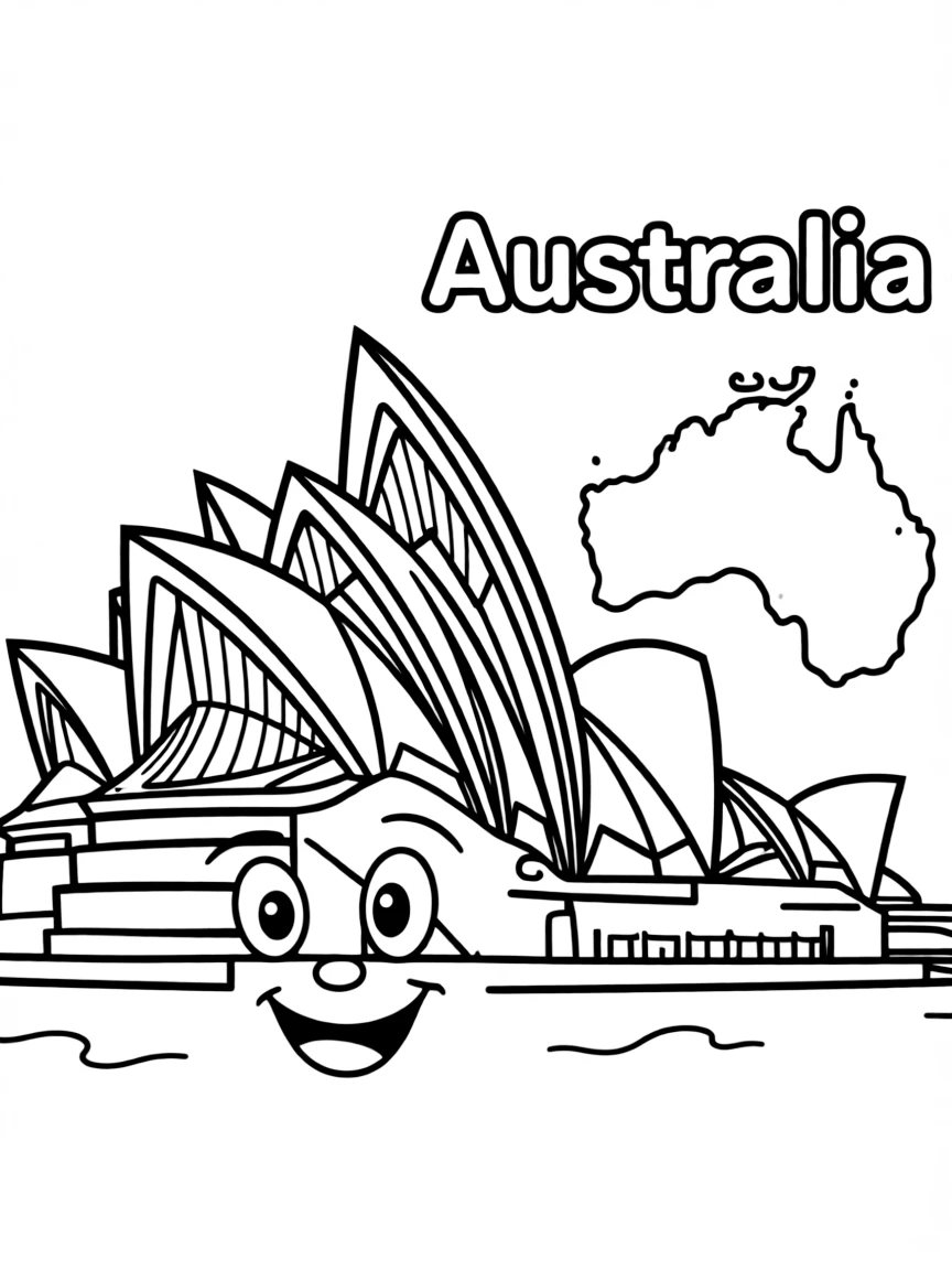 A happy Sydney Opera House, a simple outline map of Australia, and the word "Australia"