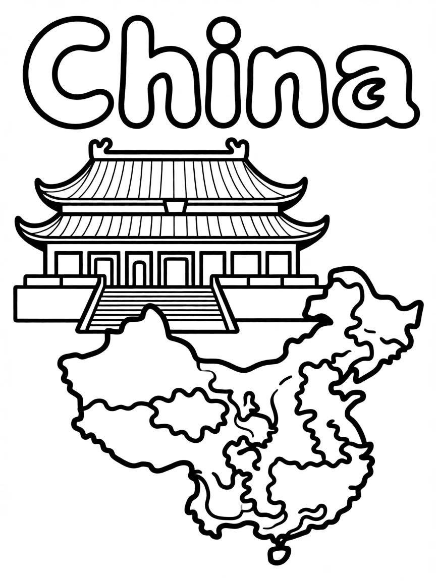 A cute Forbidden City, a simple outline map of China, and the word "China"