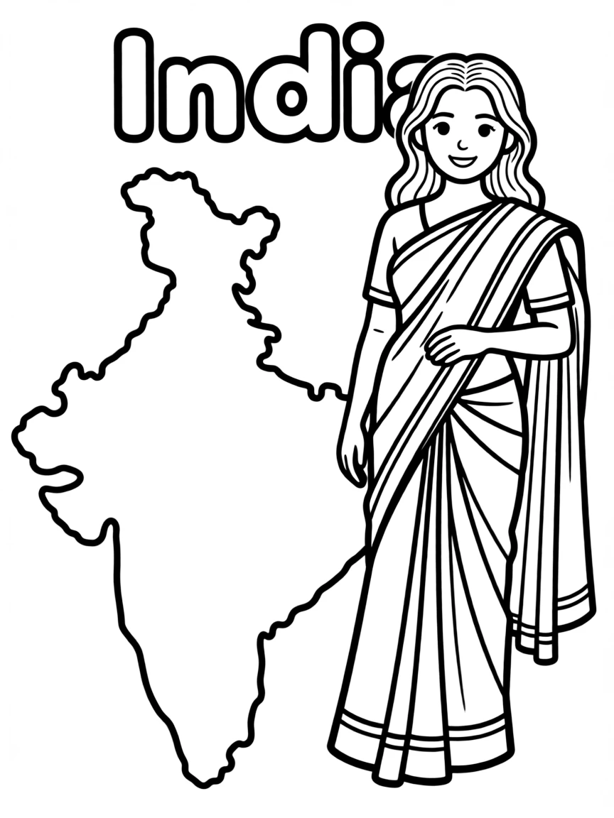 A friendly sari, a simple outline map of India, and the word "India"