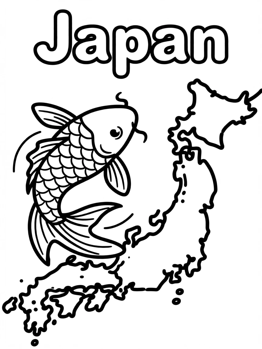 A little koi fish, a simple outline map of Japan, and the word "Japan"