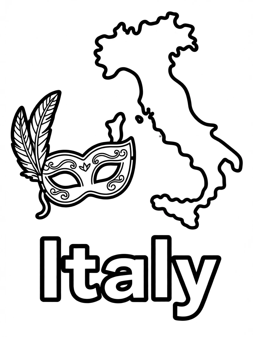 A small Venetian mask, a simple outline map of Italy, and the word "Italy"