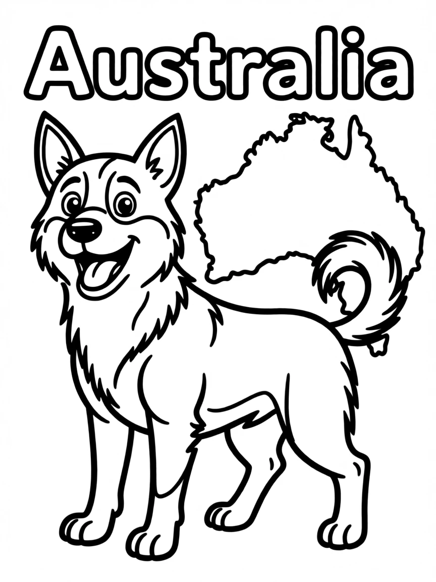 A happy dingo, a simple outline map of Australia, and the word "Australia"