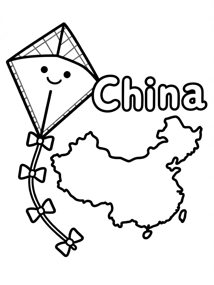 A cute kite, a simple outline map of China, and the word "China"