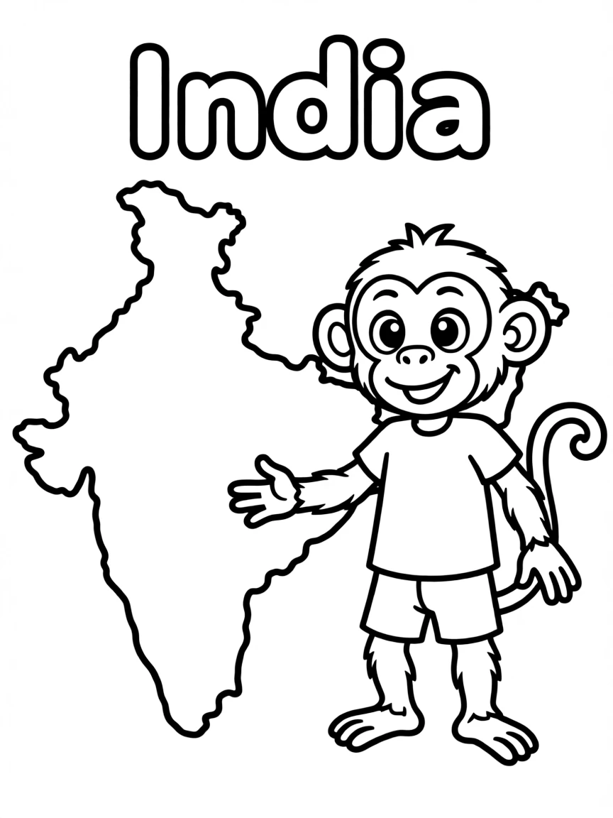 A friendly monkey, a simple outline map of India, and the word "India"