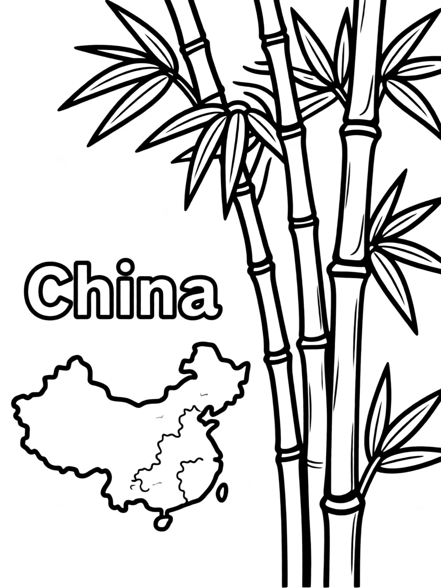 A cute bamboo, a simple outline map of China, and the word "China"