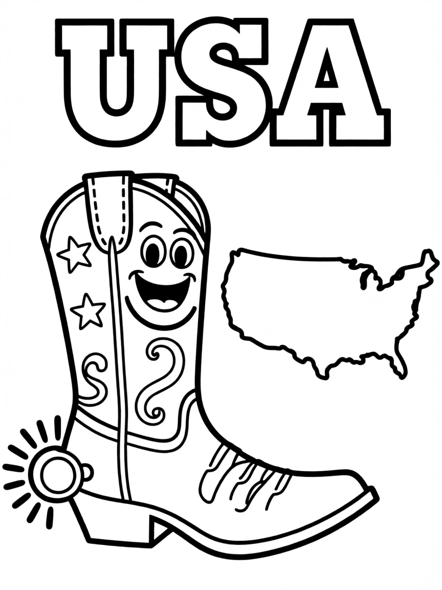 A cheerful cowboy boot, a simple outline map of USA, and the word "USA"