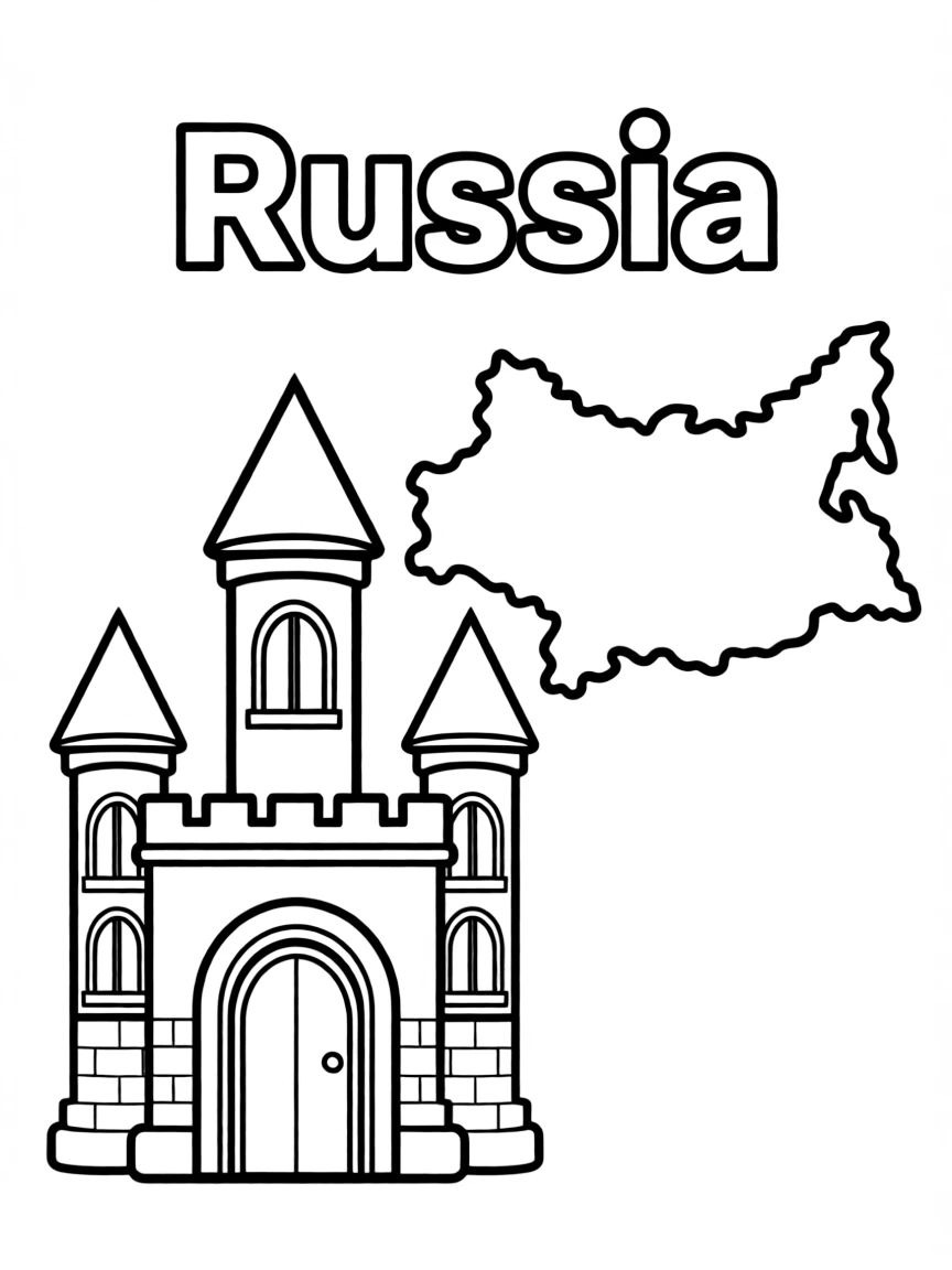 A small ice palace, a simple outline map of Russia, and the word "Russia"