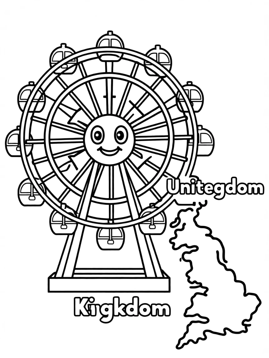 A friendly London Eye, a simple outline map of United Kingdom, and the word "United Kingdom"