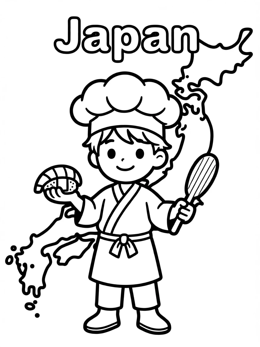 A little sushi chef, a simple outline map of Japan, and the word "Japan"