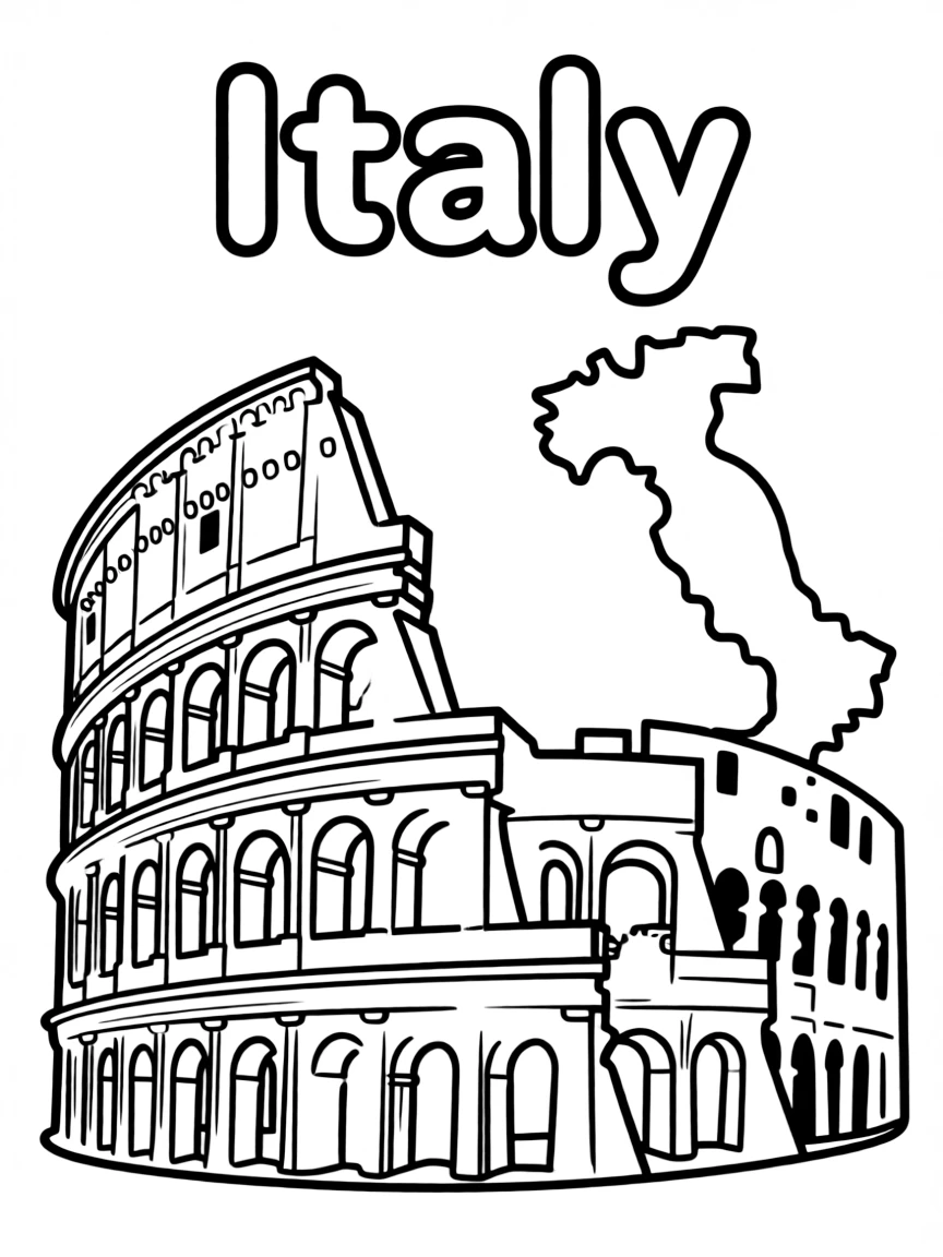 A small Coliseum, a simple outline map of Italy, and the word "Italy"