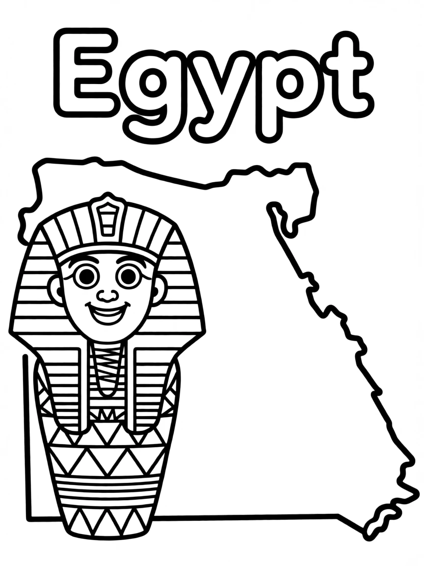 A cute sarcophagus, a simple outline map of Egypt, and the word "Egypt"