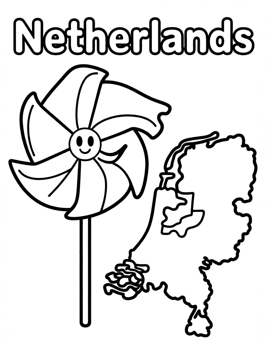 A happy windmill blade, a simple outline map of Netherlands, and the word "Netherlands"