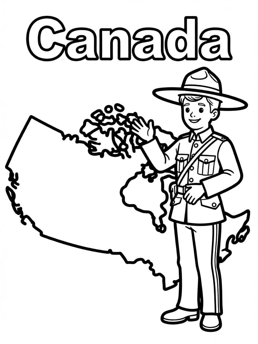 A friendly Mountie, a simple outline map of Canada, and the word "Canada"