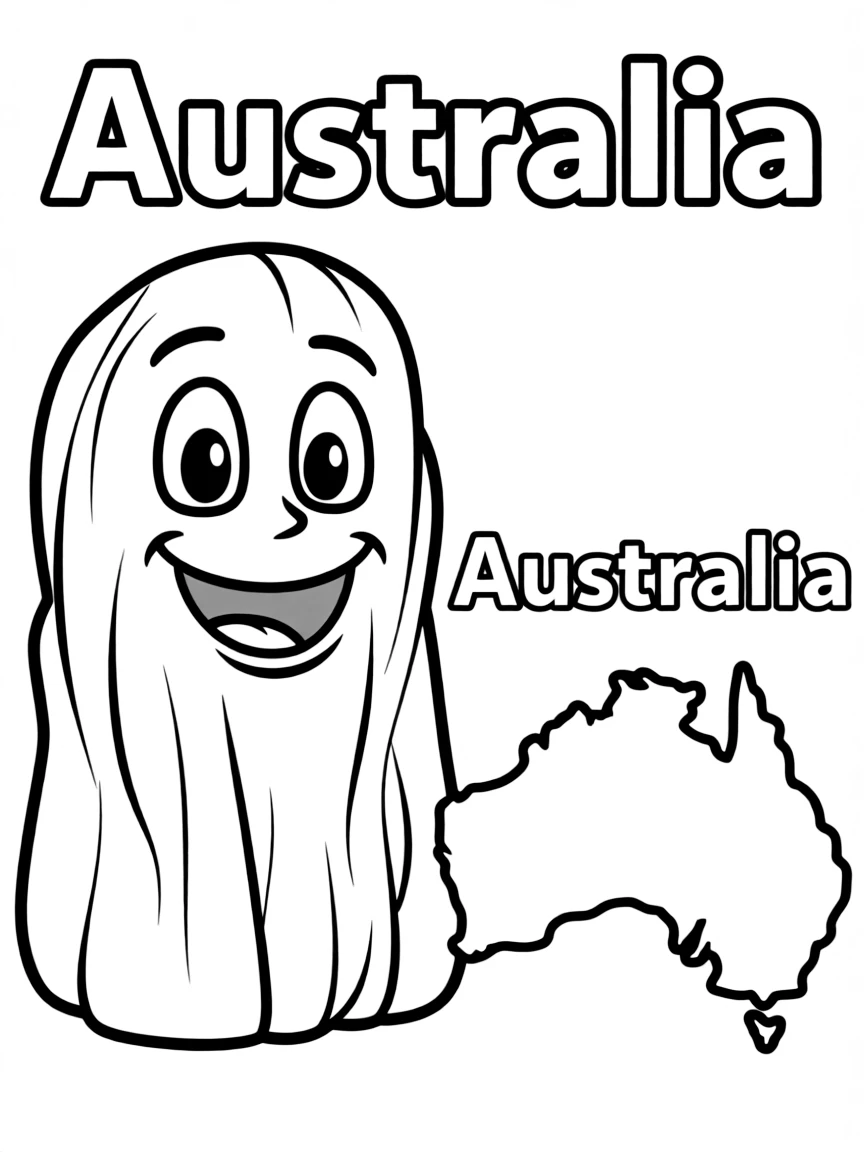 A happy Uluru, a simple outline map of Australia, and the word "Australia"