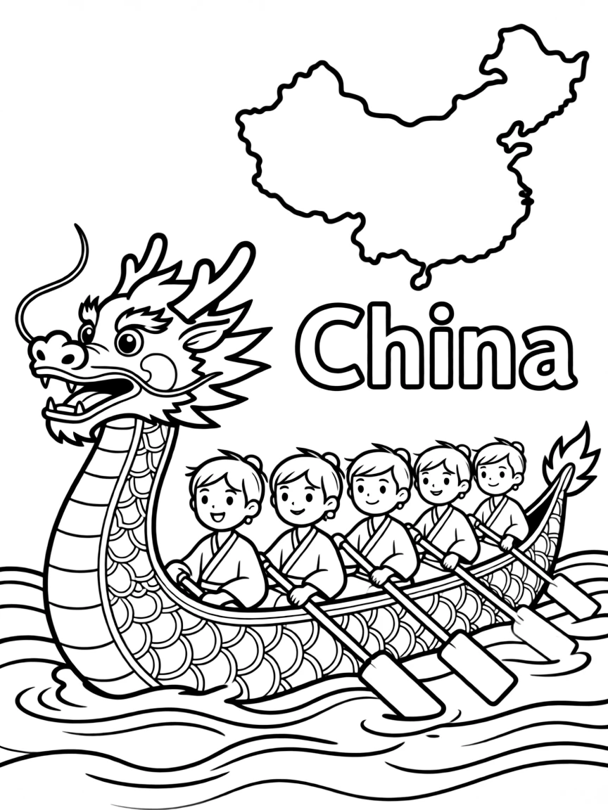 A cute dragon boat, a simple outline map of China, and the word "China"