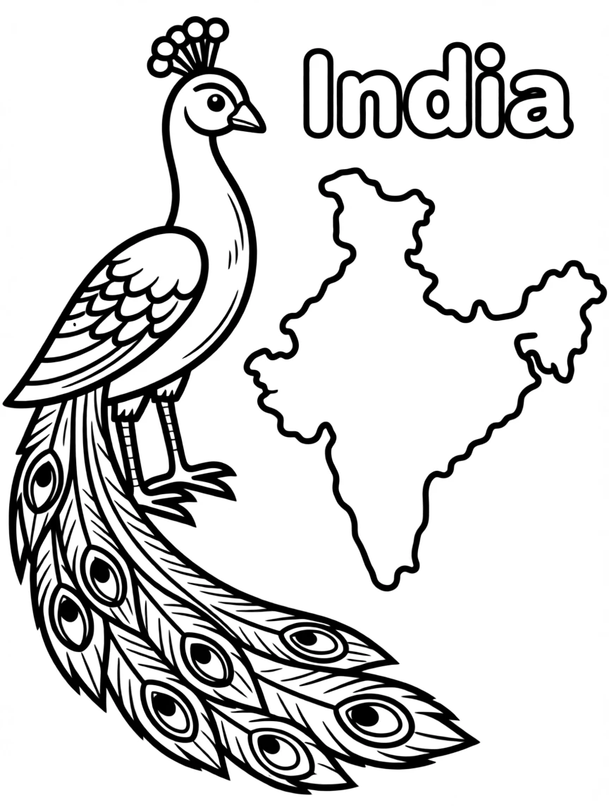 A friendly peacock, a simple outline map of India, and the word "India"