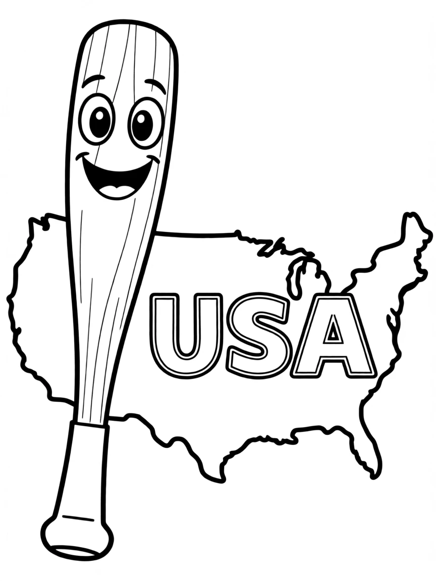A cheerful baseball bat, a simple outline map of USA, and the word "USA"