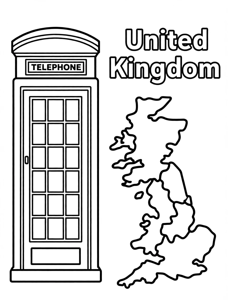 A friendly red phone booth, a simple outline map of United Kingdom, and the word "United Kingdom"