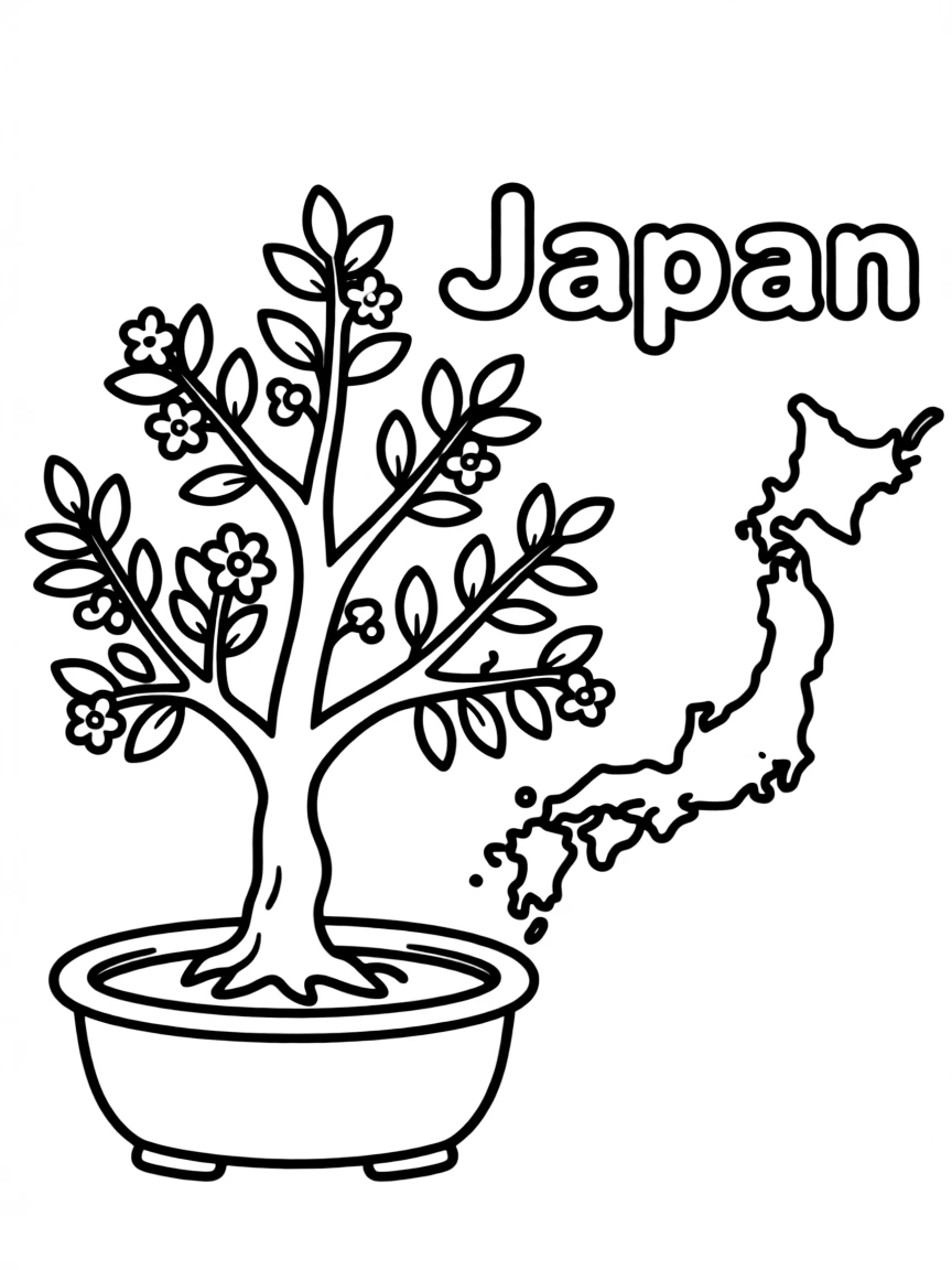 A little bonsai tree, a simple outline map of Japan, and the word "Japan"
