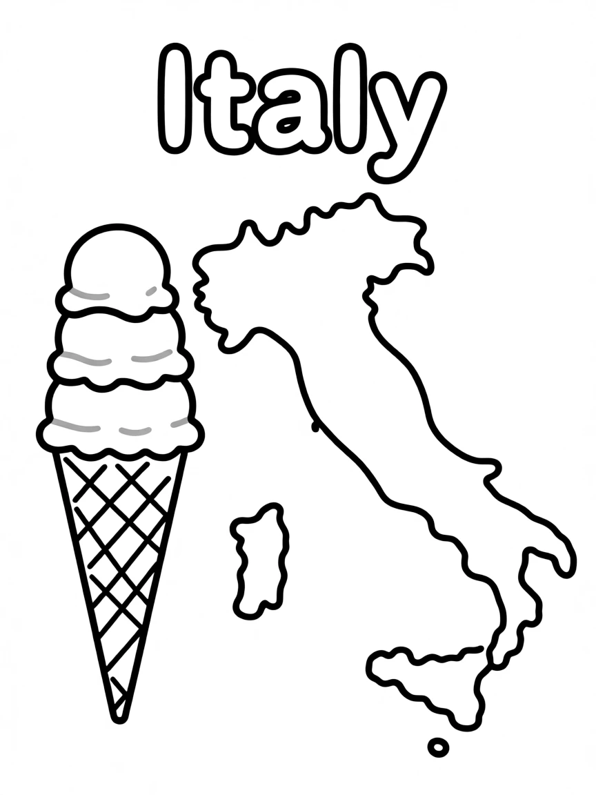 A small gelato, a simple outline map of Italy, and the word "Italy"