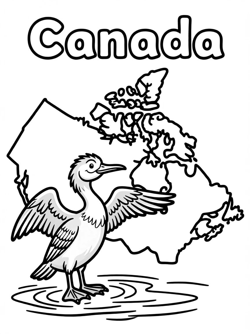 A friendly loon, a simple outline map of Canada, and the word "Canada"