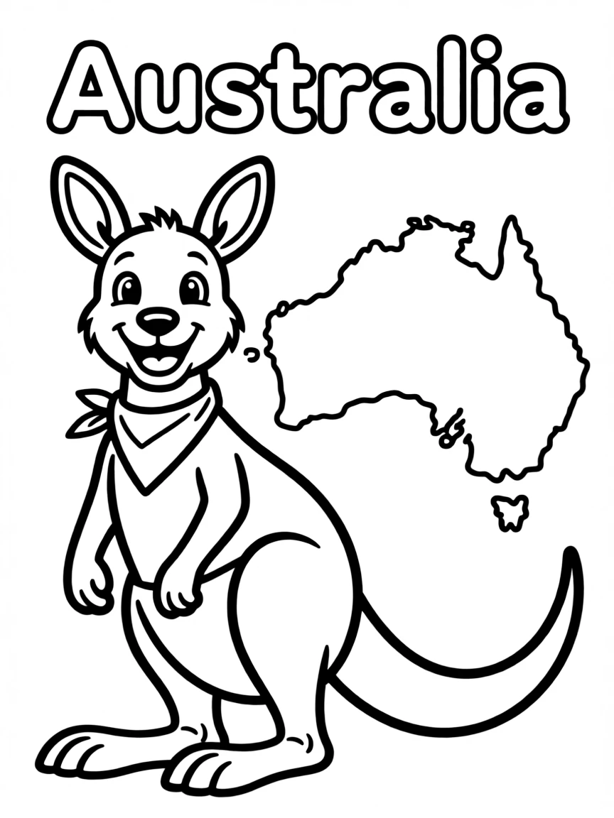 A happy kangaroo, a simple outline map of Australia, and the word "Australia"