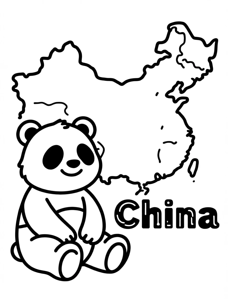 A cute panda, a simple outline map of China, and the word "China"