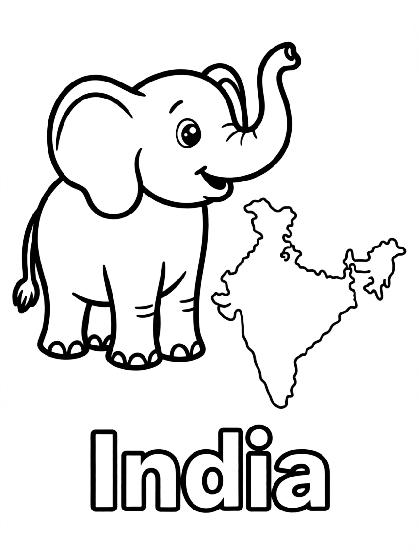 A friendly elephant, a simple outline map of India, and the word "India"