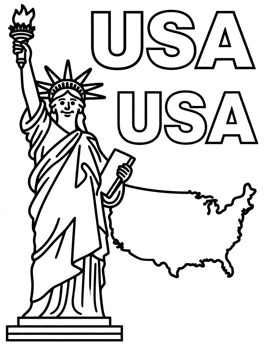 A cheerful Statue of Liberty, a simple outline map of USA, and the word "USA"