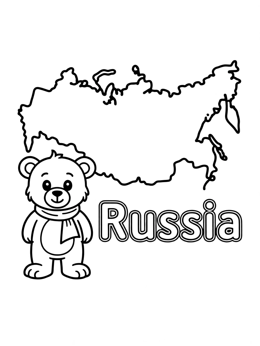 A small bear, a simple outline map of Russia, and the word "Russia"